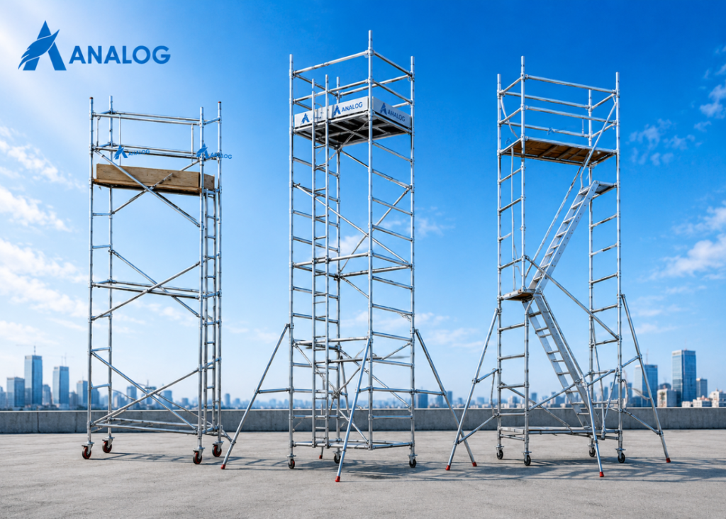 aluminium mobile scaffolding towers with different platform heights, ladder access systems, guardrails, and stabilizers displayed on a rooftop against a modern city skyline.