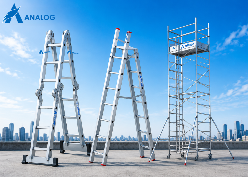 A product showcase featuring Analog aluminium access solutions, including a multi-position folding ladder, an A-frame aluminium ladder, and a mobile aluminium scaffolding tower with guardrails