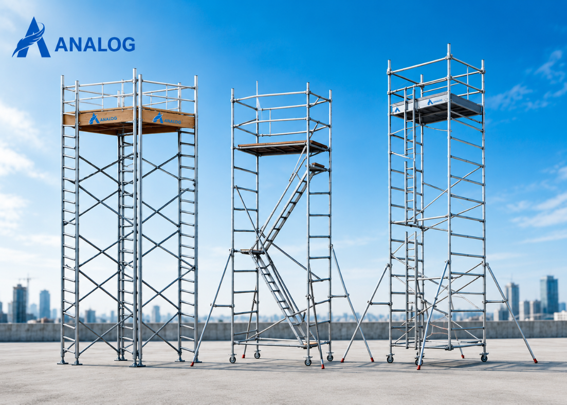 Multiple aluminium mobile scaffolding towers with ladder access and stabilizers displayed for construction and maintenance work